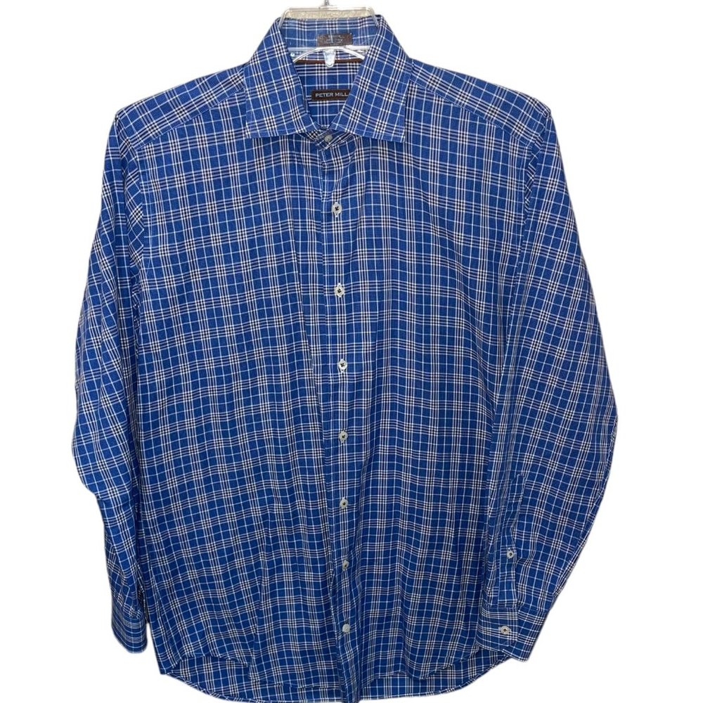 Peter Millar 100% Cotton Blue/White Plaid Long Sleeve Button Down Shirt‎ Medium